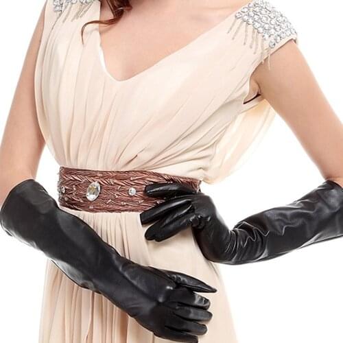 Womens Long Genuine Sheepskin Leather Gloves Evening Party Dinner Dress Shirring Glove Retro Style Banquet Accessories S2156
