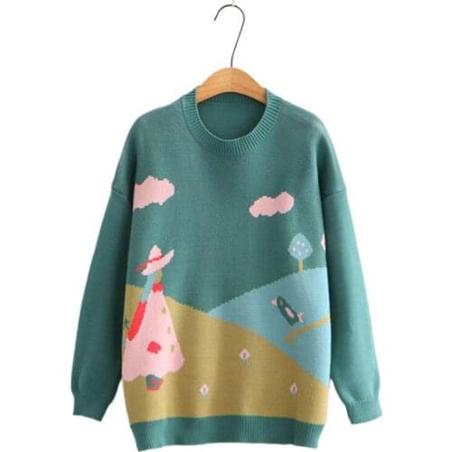 Harakuju Cartoon Jacquard Women Knit Pullover Sweaters 2021 Winter Warm Full Sleeve Korean Fashion Girly Basic Soft Jumpers Tops