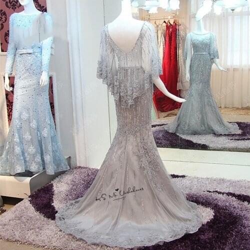 Vestido de Renda Gray Mermaid Evening Dresses Long 2017 with Cape Applique Lace Prom Dress Beading Special Occasion Gowns Noche