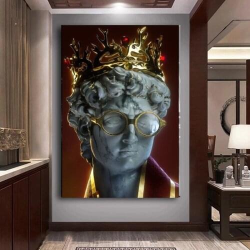 Golden Sculpture Aesthetic David Statue with Crown Canvas Painting Poster and Print Wall Art Pictures for Living Room Home Decor