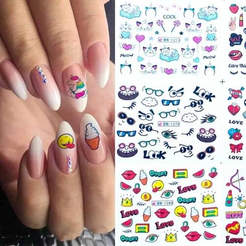 12 Designs Foil on Nails Water Stickers Lovely Cartoon Food Lip Cat Cute Partten Nail Wraps Slider Nail Art Tattoo BN1273-1284