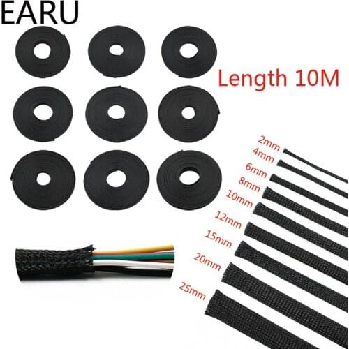 10M Black Insulated Braid Sleeving 2/4/6/8/10/12/15/20/25mm Tight PET Wire Cable Protection Expandable Cable Sleeve Wire Gland