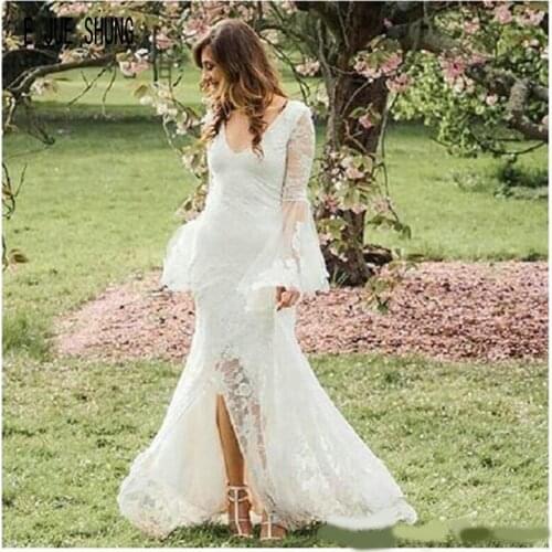 E JUE SHUNG Elegant Lace Wedding Dresses V Neck Long Sleeve Split Mermaid Bridal Gowns Boho Wedding Gowns vestido de noiva