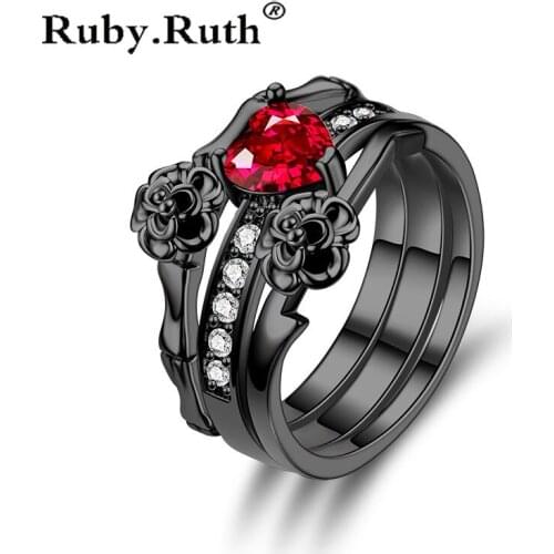 Red crystal Black Rose Flower Rings Wedding Womens Set Jewelry Ring