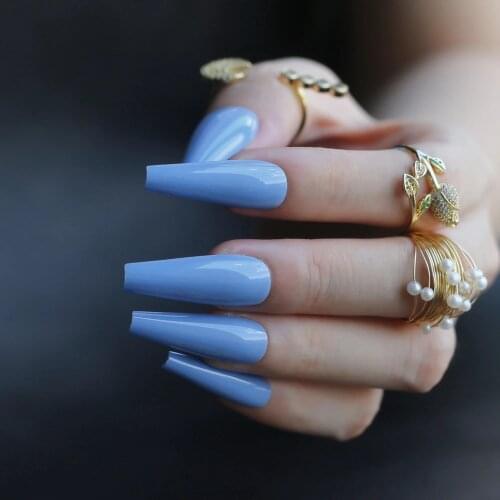 Summer color Glossy false nail sky blue navy blue Luxury Coffin UV Acrylic nails white salon Extra gel fake nails ballet black
