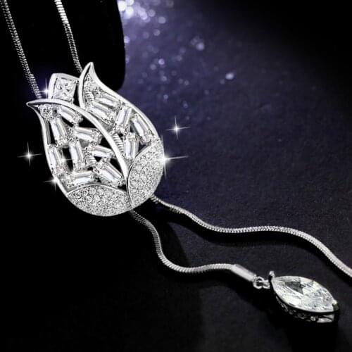 Sweet Tulip Flower Long Necklace Women Crystal New Fashion Jewelry Necklaces & Pendants Bijoux Gifts