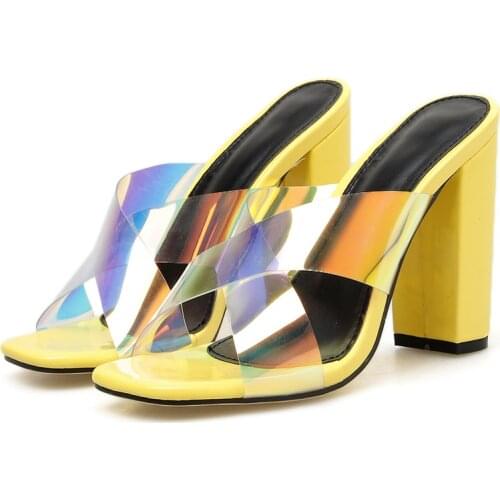 New Summer Women Slipper Square Toe Chunky High Heel Ladies Sandal Mules Top Quality Elegant Dress Shoes Zapatos Mujer