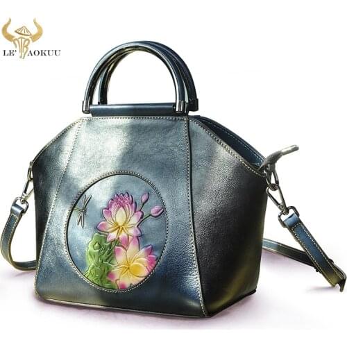 Blue Flower Emboss Genuine Leather Famous Brand Luxury Ladies Shopper handbag Shoulder bag Women Designer Female Tote bag 6639