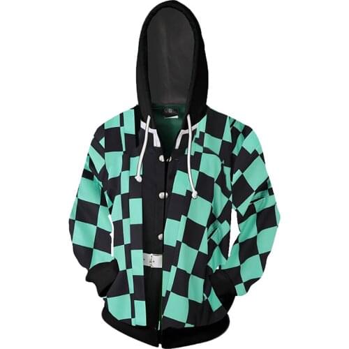 Anime Demon Slayer Zip Up Hoodie Pullover Kamado Tanjirou Cosplay 3D Printed Sweatshirt Adult Casual Streetwear Jacket Coat