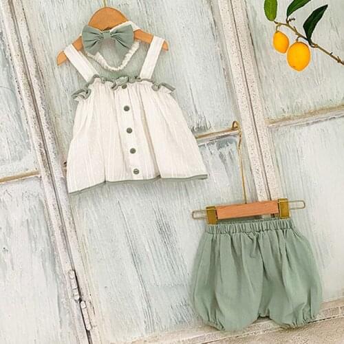 Sleeveless Suspender Top+Shorts+Hair Band Suit Summer Infant Baby Girls Clothing Sets Lovely Princess Style Baby Girls Clothes
