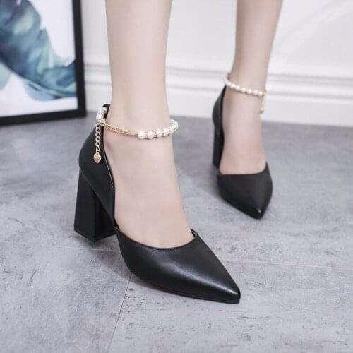 Sexy Pointed Toe Pearl High Heels Shoes Female Fashion Hollow Shallow Strap Buckle Women Shoes Woman Pumps Elegant Ladies Shoes