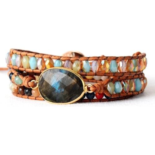 High End Women Bracelets Gilded Labradorite Vintage Leather Wrap Bracelet Girl Holiday Bracelets Femme Gifts Dropship