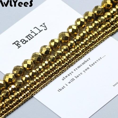 WLYeeS Plating Gold faceted Round Hematite bead Natural Stone 2-10mm ball Loose Bead for DIY Jewelry Bracelet Accessories Making