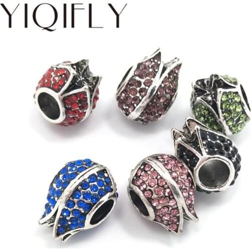 YIQIFLY Free shipping 2017 20pcs tulip antique silver color mix color rhinestone big hole alloy beads fit European bracelet DIY