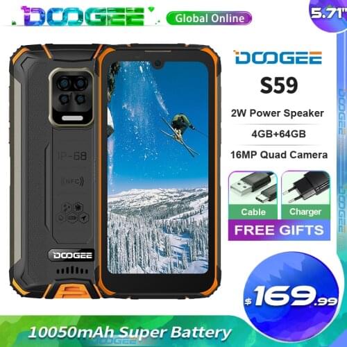 Doogee S59 Rugged Mobile Phone 5.71'' Android10 10050mAh Super Battery 2W Powerful Speaker 4GB+64GB NFC Face Unlock Mobile Phone