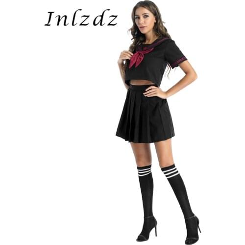 Womens Japanese School Girls Uniform Sailor Collar Embroidered Tops with Pleated Skirt Bow Tie Stocking Fancy Cosplay Costume