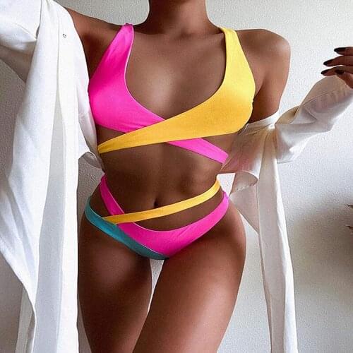 Womens Criss Cross Wrap Tie Back Color Block Brazilian Bikini Set Sexy Padded Bathing Suit 2 Piece Swimsuits