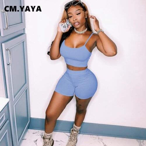 CM.YAYA women set spaghetti strap crop tops sheath elastic shorts 2 piece set casual tracksuit sportswear fashion outfit summer