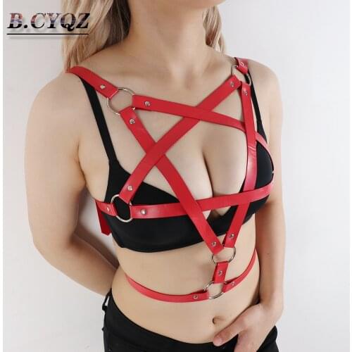 B.CYQZ Red Pu Leather Harness Bra Bondage Belt Underwear Sexy Gothic For Women Body Strap Pentagon Cage Harajuku Lingerie Garter