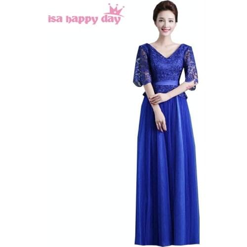 Beautiful royal blue long formal bridesmaid lace sleeve women party dresses blue color tulle with sleeves from china H3051