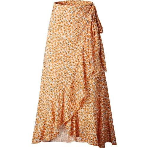 Summer 2021 Fashion Irregular Lotus Leaf Lace-up Skirt Ankle-Length Floral Orange Skirt