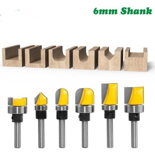 6pcs 6mm Shank Pattern Bit Flush Trim Bit Straight Bit with Bearing Hinge Mortising Router Bit Wood Trimmer Cutter