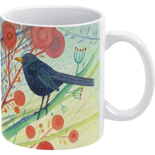 Blackbird White Mug New Good Quality Print Mug 11 Oz Coffee Cup Birds Nature Pattern Wildlife Flowers Floral Watercolour Hares