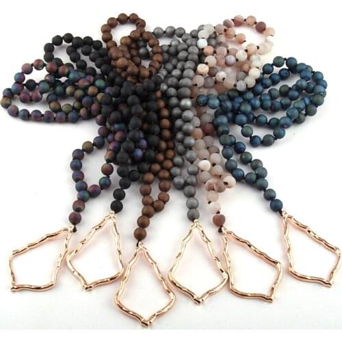 Free Shipping Fashion Natural Druzy Bead Knotted Metal Drop Pendant Necklaces