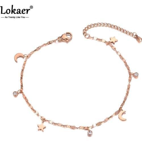 Lokaer Bohemia Beach Stainless Steel Charm Anklet Foot Jewelry CZ Crystal Star Moon Chain & Link Anklets For Women Girls A19021