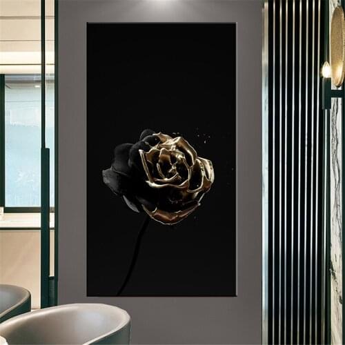 Black Gold Modern Abstract Skull Flower Modern Canvas Painting Posters Prints Wall Art Picture for Living Room Decor Cuadros