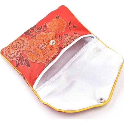 Cheap Small Zipper Coin Pouch Chinese Silk Brocade Jewelry Pouch Gift Bag 100pcs Women Mini Purse Red Bag Wholesale 7x8 8x10cm