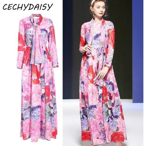 Long dresses evening Chiffon pink floral printed plus size party night ankle-length designer clothes women beach dress vestidos