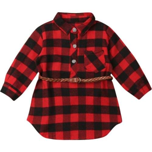 Toddler Kids Baby Girl Dress Plaid Long Sleeve Button Long Shirt Dress+Belt Summer Autumn Loose Casual Princess Party Dress 0-5Y
