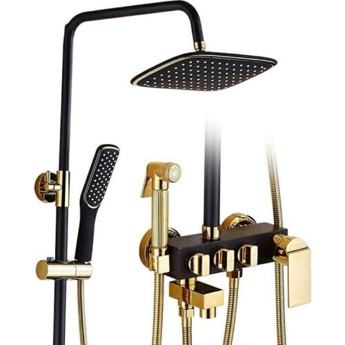 Bathroom Shower Faucet System Square Showerhead High Pressure Rainfall Black Finish Mixed Water and Tub Spout Faucet Shower Set