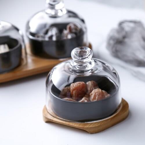 New Ceramic Dessert Bowl Snack Dish Taste Fruit Salad Ice Cream Pudding Cup With Bamboo Tray Glass Cover Creative Tableware