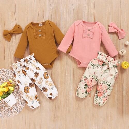 3pcs/set Newborn Baby Girls Clothes Ruffles Ribbed Bodysuit +Floral Pants + Headband Outfits Winter Girl Clothing 6 9 12 18 M