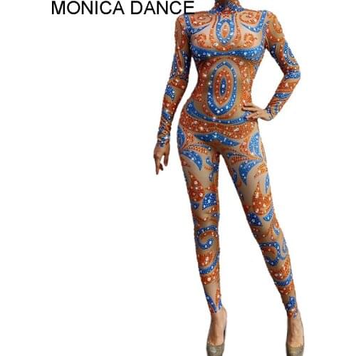 Women Sexy Stage Spandex Print Shiny Rhinestones Jumpsuit Performance Bar Singer Dancer Skinny Rompers Nightclub Party Costume