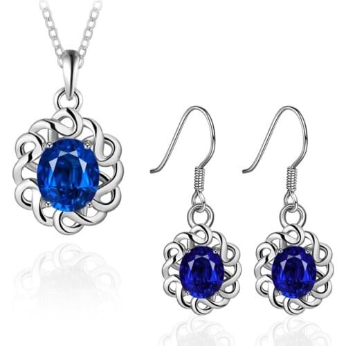 Garilina New Hot Fashion Jewelry Deep Blue Cubic Zirconia Pendant Earrings Jewelry Sets For Women Necklace Set S2020