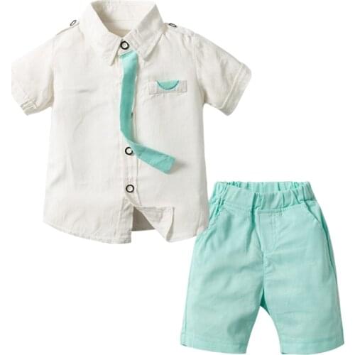 Toddler Boys Handsome Little Boy Outfit Baby Tie Clothes Suit For Infant Soft Cotton White Shirt + Bright Green Shorts Suit