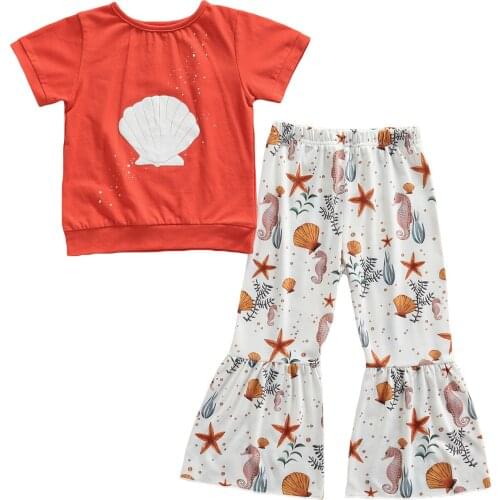 Summer Toddler Girl Clothes Kids Baby Short Sleeve T-shirt Top Marine life Printed Flare Pants Outfit Children Sets 1-6Y