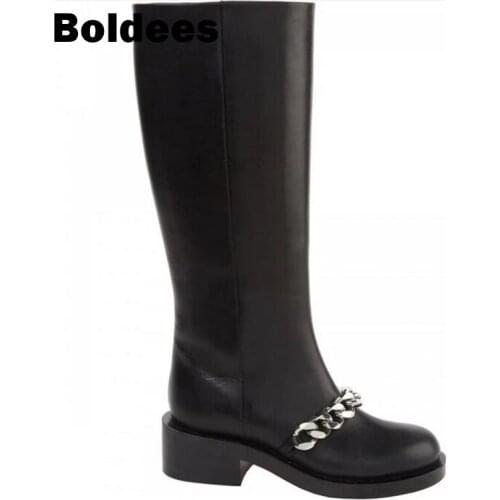 Fall Hot Sale Round Toe Black Leather Women Martin Boots Metal Chains Chelsea Boots Luxury Designer Knee High Boots