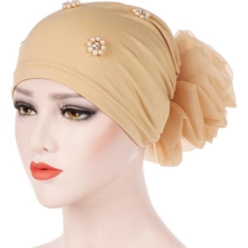 Muslim Women Faux Pearl Flower Hat Hijab Hair Loss Head Scarf Turban Cancer Chemo Beanie Scarf Fitted Adult Wrap Caps gifts