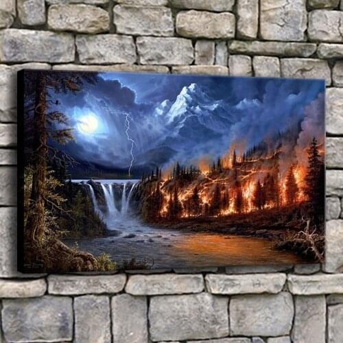 Living Room Wall Decor Artwork 1 Panel Fire Lightning Moon Night Wood Mountain Waterfall Tree Poster Top-Rated Canvas Print Type
