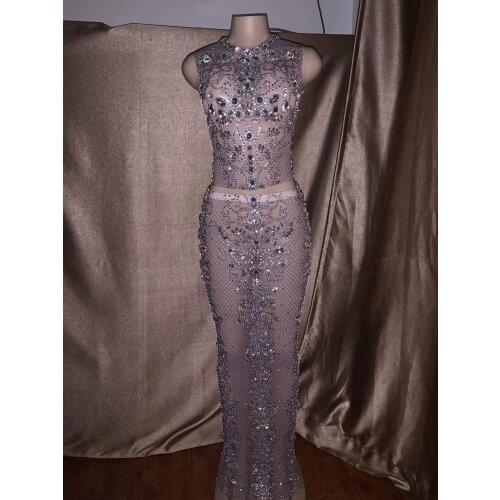 2020 New Womens Mesh see-through shiny rhinestones Set Stage Wear Female Singer Dance Show Sexy Transparent Costume Outfit Set