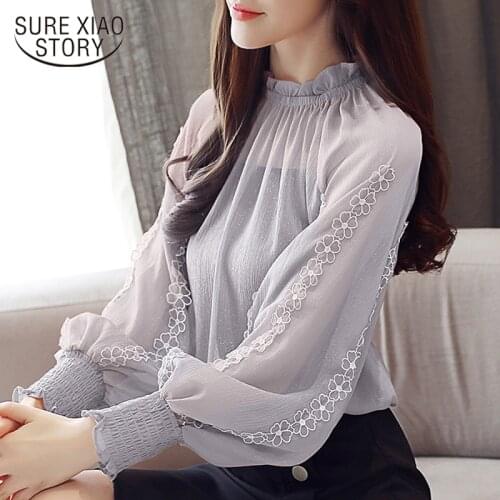 New 2021 Autumn Women Blouses Chiffon Shirt Loose Lantern Long Sleeves Lace Stitching Bottoming Shirt Female Tops Blusa 792