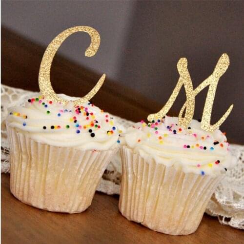 Personalize Initial Letter glitter Cupcake Toppers Pink and Gold Birthday Party Decorations Wedding paty milestones birthday