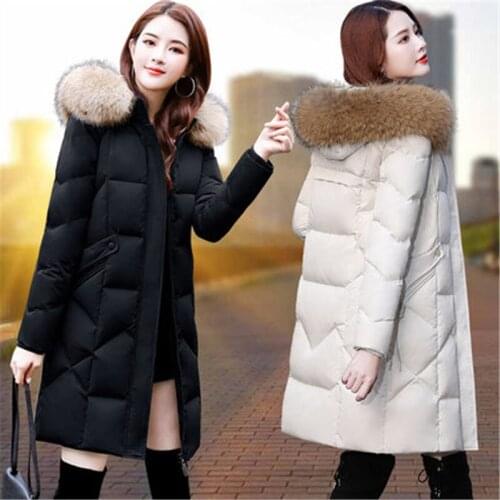 Big Fur Collar Feather Hooded Winter Down Coat Womens Slim White Duck Down Thick Long-Sleeved Black Fashion Ladies Jacket 254