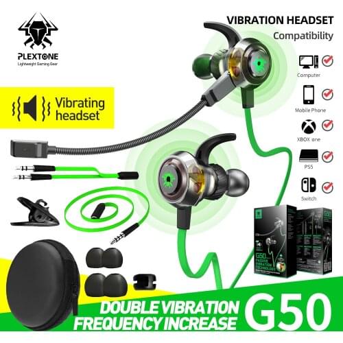 PLEXTONE G50 Vibration Earphones Gaming Headphone Stereo Earbuds PC Headset with Detachable Long Mic for PUGB,Mobile Legend