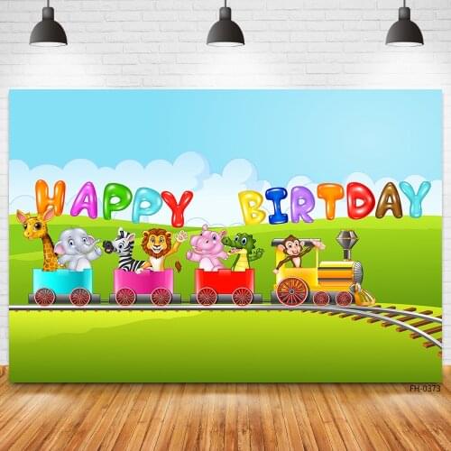 Custom Name Wild Animal Safari Party Train Blue Sky One Photo Background Birthday Baby Shower Child Banner Photography Backdrops