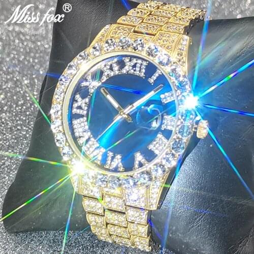 Hip Hop MISSFOX Popular Mens Watches Iced Out Luxury designer Fashion Blue Face Quartz Gold Wrist Watches Stainless Steel Watch